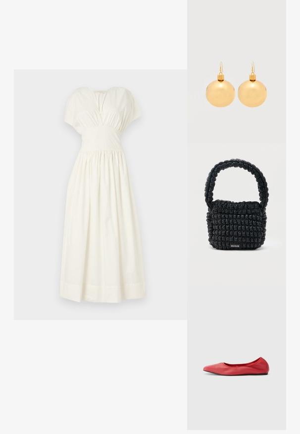 Faithfull the brand AUVE MIDI DRESS - Maxi šaty - white; Filippa K REY FLATS - Balerínky - bright red; Malá čierna prešívaná kabelka s krátkym polstrovaným uchom a nálepkou "HUGO" na prednej strane, vystavená na jednoduchom svetlom pozadí.; Pár lesklých zlatých náušníc vo forme vianočných gúľ s háčikovým zapínaním na bielom pozadí.