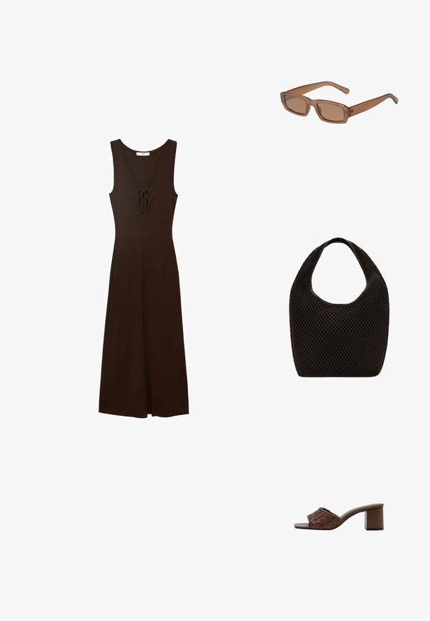 Robe sans manches marron avec un décolleté en V, détails à nouer à l'avant et une silhouette fluide, fabriquée à partir d'un tissu lisse.; Sandale mule marron avec tige en cuir tressé, bout ouvert et talon bloc sur fond blanc.; Lunettes de soleil brunes, rectangulaires, avec une monture transparente, des branches fines et des verres teintés, offrant une texture lisse et un design moderne.; Sac cabas noir en maille à tissage ouvert avec poignée supérieure arrondie et corps large et incurvé.