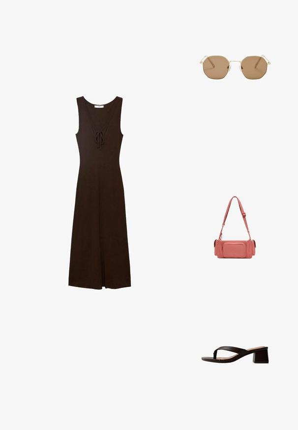 Robe sans manches marron avec un décolleté en V, détails à nouer à l'avant et une silhouette fluide, fabriquée à partir d'un tissu lisse.; Sandale à talon en cuir marron foncé avec une bride en tongs et un talon épais sur fond blanc.; Lunettes de soleil octogonales avec monture dorée, verres marron et branches transparentes ; elles présentent un matériel minimal et une texture de surface lisse.; Sac à main en cuir rose de forme rectangulaire, avec une bandoulière réglable, une poche zippée à l'avant et des détails texturés sur la bandoulière.