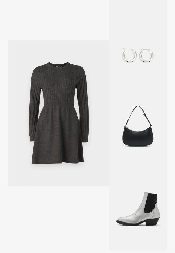 Vestido de punto gris oscuro con textura de canalé, mangas largas, cuello redondo y un cuerpo ajustado que se abre en una falda.; ONLY SHOES ONLBRONCO SHORT - Botines camperos - silver; Pieces PCALUANA SHOULDER BAG - Bolso de mano - black; Pendientes de aro de plata con un acabado pulido, que presentan una forma circular y un cierre de gancho. Textura suave con detalles mínimos.