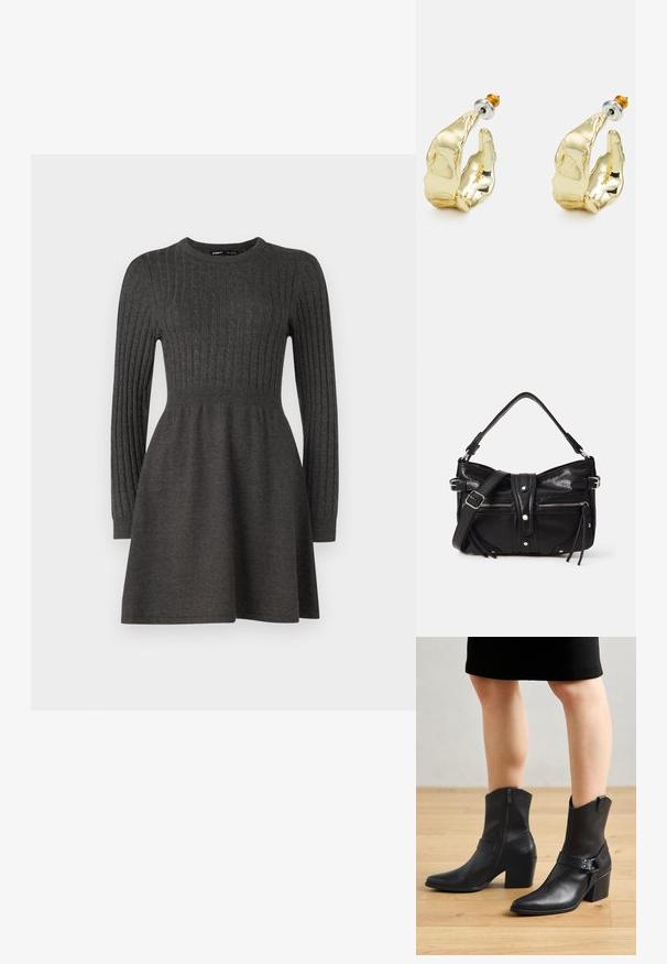 Tumehall knit-kleit ribatud tekstuuri, pikkade varrukate, ümmarguse kaelaaugu ja istuva bodice'ga, mis laieneb seeliku poole.; Mustad nahast pahkluu saapad, millel on terav varvas, lukuga sulgemine, kõver konts ja dekoratiivne rihm metallaktsentidega.; Even&Odd H24462 - Käekott - black; Kuldtooni kõrvarõngad, mis on kujundatud abstraktsete käteks, omavad läiketöödeldud pinda, keerukaid detaile ning hõbe- ja kuldpostit, mis tagab kindla kinnituse.