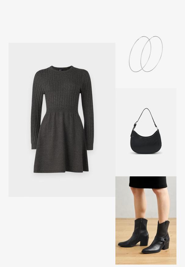 Dunkelgraues Strickkleid mit geripptem Muster, langen Ärmeln, rundem Ausschnitt und einem taillierten Oberteil, das in einen Rock ausläuft.; Schwarze Leder-Stiefeletten mit spitzem Zehenbereich, Reißverschluss, geschwungenem Absatz und einem dekorativen Riemen mit metallischen Akzenten.; Schwarze Hobo-Tasche aus glattem Leder mit einer geschwungenen Silhouette, ausgestattet mit einem einzelnen verstellbaren Trageriemen und minimalistischem Design.; Silberne Creolen mit minimalistischem Design. Rundform, glatte Oberfläche und dünnes Profil. Leichtgewichtig mit hochglänzender Oberfläche.