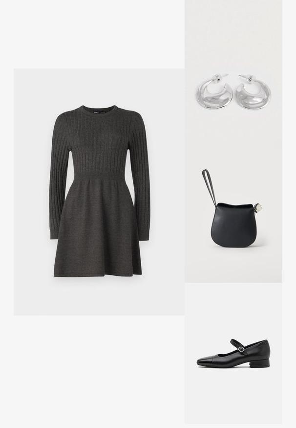 Dunkelgraues Strickkleid mit geripptem Muster, langen Ärmeln, rundem Ausschnitt und einem taillierten Oberteil, das in einen Rock ausläuft.; Schwarze Leder-Mary-Jane-Schuhe mit einer patentierten Zehenkappe, verstellbarem Knöchelriemen und niedrigem Blockabsatz. Glatte Textur und elegantes Design.; Schwarze Leder-Handgelenktasche mit abgerundetem Boden und silbernem Verschluss auf schlichtem weißem Hintergrund.; Ein Paar polierte silberne, halbmondförmige Creolen mit klaren Kunststoffrückseiten auf einer weißen Oberfläche.