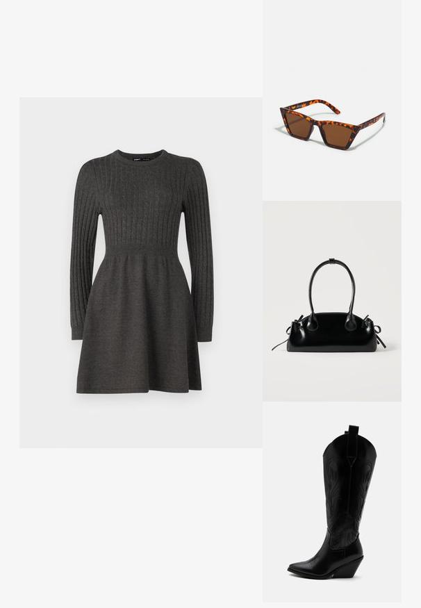 Vestido de punto gris oscuro con textura de canalé, mangas largas, cuello redondo y un cuerpo ajustado que se abre en una falda.; Bota de vaquero de cuero negro con punta puntiaguda, tacón bloqueado inclinado, costuras decorativas y lengüetas en la parte superior sobre fondo blanco.; Gafas de sol con tonalidades marrones y un patrón de carey, de montura angular y brazos delgados. Material plástico ligero.; Pequeño bolso negro brillante con dos asas largas y detalles de cordón lateral sobre un fondo claro liso.