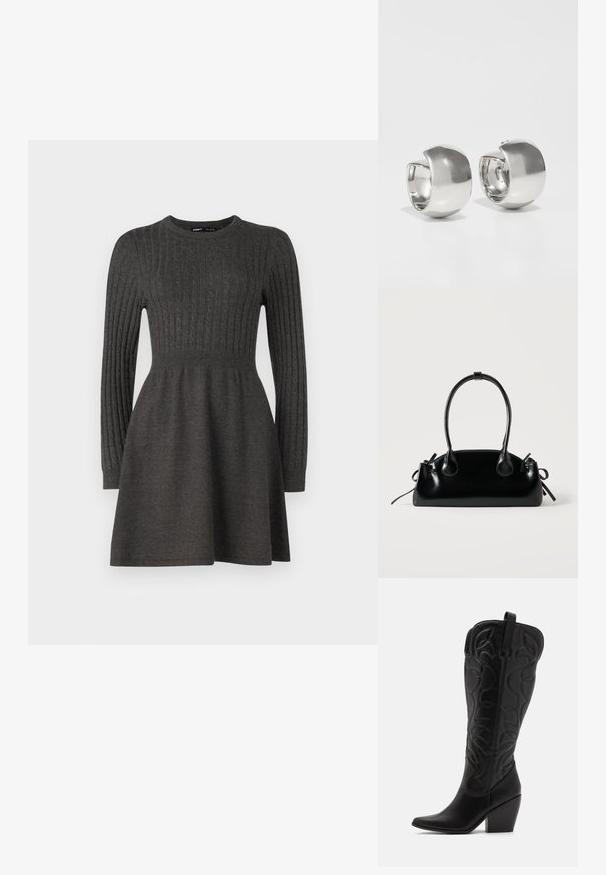 Vestido de punto gris oscuro con textura de canalé, mangas largas, cuello redondo y un cuerpo ajustado que se abre en una falda.; Botas negras de cuero hasta la rodilla con punta puntiaguda y tacón apilado. Presentan costuras decorativas y elementos de diseño curvados.; Pequeño bolso negro brillante con dos asas largas y detalles de cordón lateral sobre un fondo claro liso.; Uncommon Matters SCULPTURAL LARGE CREOLE - Pendientes - silver-coloured