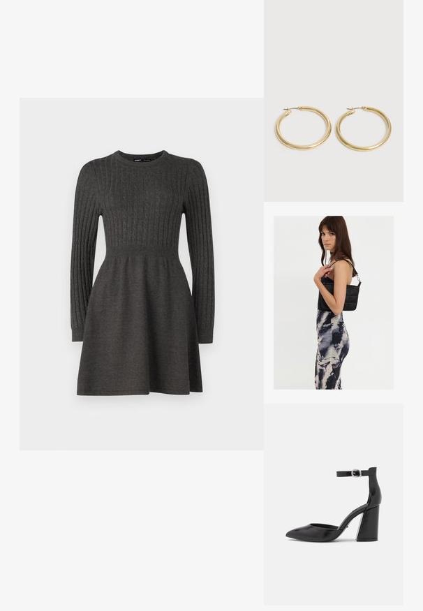 Tumehall knit-kleit ribatud tekstuuri, pikkade varrukate, ümmarguse kaelaaugu ja istuva bodice'ga, mis laieneb seeliku poole.; ONLY SHOES ONLPAVI - Klassikalised kontsakingad - black; Mustast tepitud õlakotist, millel on üks rihm ja hõbedane riistvara, koos mustri ja koorevärvi triibulise kleidiga, mis on kehakujuline.; Paari sileda, läikiva kuldse rõngakujulise kõrvarõnga õhukeste postidega ja hingedega kinnitustega tavalise heleda tausta peal.