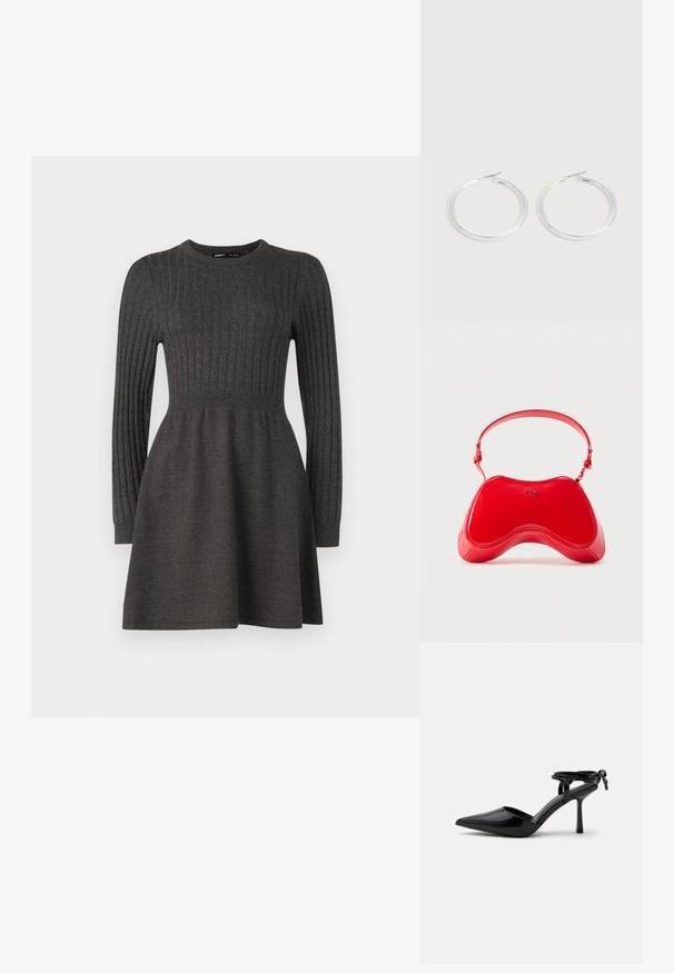 Vestido de punto gris oscuro con textura de canalé, mangas largas, cuello redondo y un cuerpo ajustado que se abre en una falda.; Zapato de tacón alto de cuero charol negro con punta puntiaguda y correa en el tobillo atada en un nudo en la parte trasera, mostrado sobre un fondo blanco liso.; Bolso de charol rojo con una forma curva y ergonómica, que presenta una correa delgada ajustable y un sutil detalle de logo en la parte frontal.; Pareja de pendientes de aro plateados brillantes con cierres de alambre delgado, mostrados sobre un fondo gris claro.