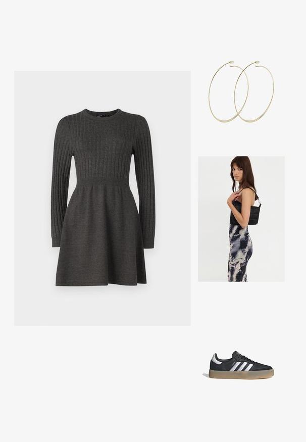Vestido de punto gris oscuro con textura de canalé, mangas largas, cuello redondo y un cuerpo ajustado que se abre en una falda.; Zapatilla deportiva de cuero negro con tres rayas plateadas, punta texturizada y suela de goma. Cuenta con un collar acolchado y un diseño con cordones.; Bolso de hombro negro acolchado con una sola correa y herrajes plateados, combinado con un vestido ajustado de patrón tie-dye en tonos de negro y crema.; Pilgrim Pendientes - gold-coloured