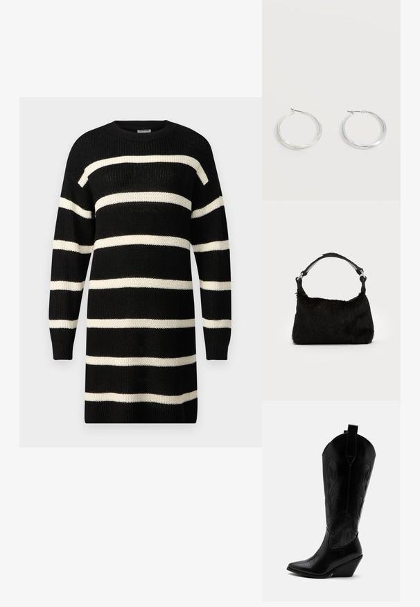 Robe pull noire en tricot avec de larges rayures horizontales crème, col rond et manches longues. Tissu texturé avec des poignets et un ourlet côtelés.; Botte de cowboy en cuir noir avec bout pointu, talon bloc incliné, couture décorative et languettes en haut sur fond blanc.; Sac à main en fausse fourrure noire avec une texture douce, une forme arrondie et une bandoulière en cuir noir robuste. Accent en métal argenté visible.; Boucles d’oreilles créoles en métal argenté avec une surface lisse légèrement incurvée et des fermoirs à clapet sur un fond blanc uni.