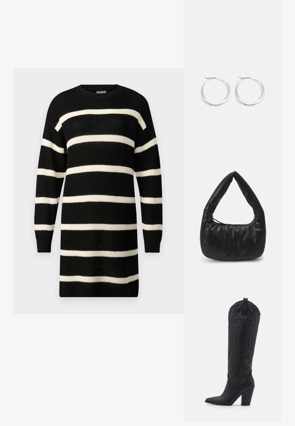 Schwarzes Strickkleid mit breiten horizontalen cremfarbenen Streifen, rundem Ausschnitt und langen Ärmeln. Strukturierter Stoff mit gerippten Bündchen und Saum.; Zign LEATHER - Cowboy-/Bikerboot - black; Schwarze Leder-Schultertasche mit lässigem Design, ausgestattet mit einem markanten, geknoteten Griff und einem Reißverschlussverschluss. Sanfte Textur über die gesamte Fläche.; Silberne Creolen zeichnen sich durch ein glattes, rundes Design mit einem schlanken Profil und einem sicheren Verschluss aus. Minimalistischer Stil mit glänzender Oberfläche.
