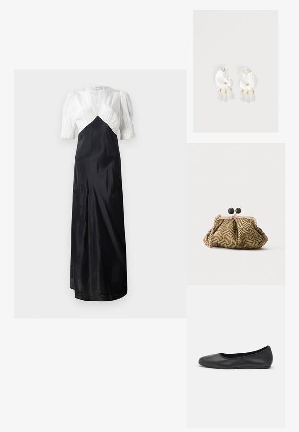 Lang kleed met een witte satijnen lijfje en een zwarte satijnen rok, met pofmouwen en een diepe V-hals. Gladde textuur, elegante uitstraling.; Zwarte leren ballerina met een ronde neus, gladde textuur, minimale stikdetails en een flexibele zoolontwerp.; Kleine clutch tas met goud-zwart geometrisch patroon, goudkleurig metalen frame, zwarte bolsluiting en een korte gouden kettingband.; Duidelijke hars oorbellen in schelpvorm met kleine gouden accenten en drie hangende doorschijnende druppelvormige bedels aan elk oorbel.
