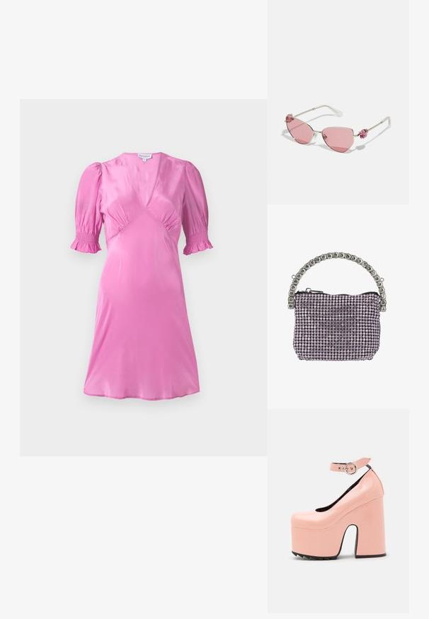 Vestido de satén rosa con mangas cortas abullonadas, escote en V y detalles fruncidos en el busto y los dobladillos de las mangas. Textura suave y brillante.; LAMODA POWER TRIP CHUNKY PLATFORM - Tacones - pink; Swarovski Gafas de sol - pink; Pequeño bolso de noche rectangular cubierto de pedrería morada con un asa adornada con pedrería plateada y cierre de cremallera negra.