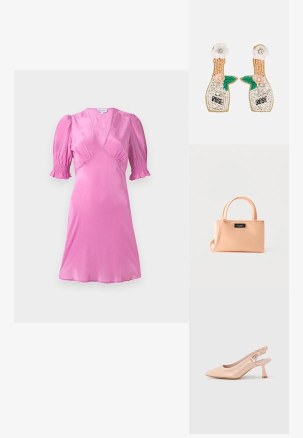 Lyserød satin kjole med korte puffærmer, en V-halsudskæring og samlede detaljer ved busten og ærmeslutterne. Glat, skinnende tekstur.; Beige laklæder slingback højhælet sko med spids tå og elastisk rem med brandnavn detaljer samt en sløjfe ved hælen.; Lille rektangulær ferskenhåndtaske med dobbelthåndtag, aftagelig skulderrem og sort "kate spade new york" mærke foran.; Fire & Glory FGGUNNI EARRINGS - Øreringe - gold-coloured/white