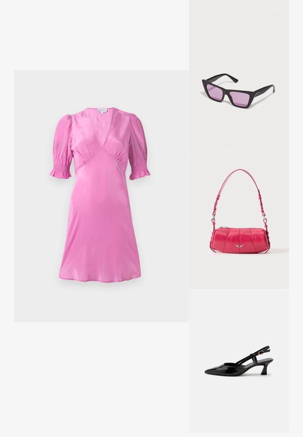Vestido de satén rosa con mangas cortas abullonadas, escote en V y detalles fruncidos en el busto y los dobladillos de las mangas. Textura suave y brillante.; Zapato slingback de charol negro con tacón bajo, punta puntiaguda y correa ajustable con hebilla dorada sobre fondo blanco.; Gafas de sol rectangulares negras con montura angular, que cuentan con lentes de color rosa. Incluye un logo en la patilla y un acabado pulido.; Pequeño bolso de hombro de piel rosa brillante con emblema de ala plateada y correa ajustable, cierre superior con cremallera, mostrado sobre fondo blanco.