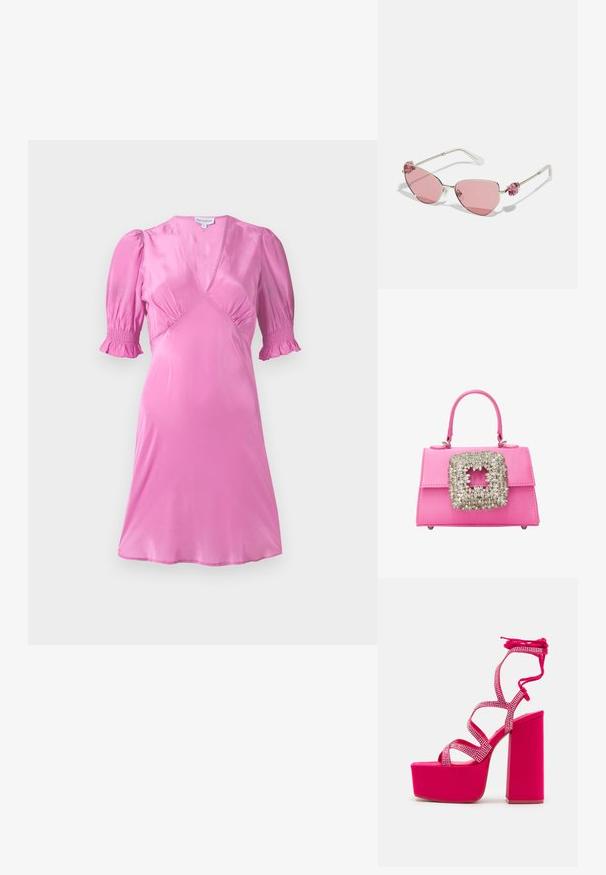 Roosa satiinkleit lühikeste puffvarrukatega, V-kaelusega ning kogutud detailidega rindade ja varruka servades. Sile, läikiv tekstuur.; Steve Madden CHAMPAGNE - Platvormsandaalid - pink; Swarovski Päikeseprillid - pink; Roosa satiinhübag, millel on struktureeritud disain, suure ilusa ruudukujulise kinnise ja lühikeste käepidemetega. Alusel on metalljalad stabiilsuse tagamiseks.