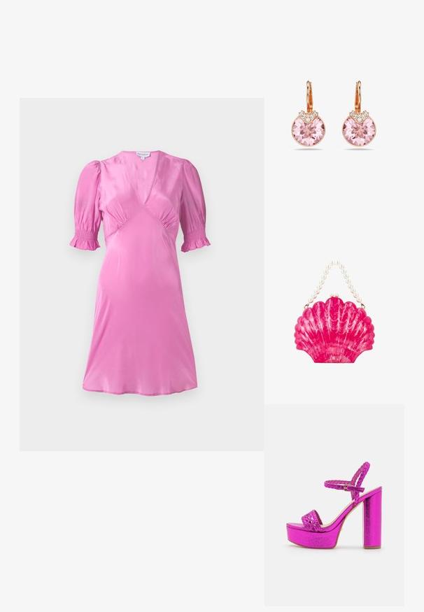 Vestido de satén rosa con mangas cortas abullonadas, escote en V y detalles fruncidos en el busto y los dobladillos de las mangas. Textura suave y brillante.; Sandalia de tacón alto metálica en fucsia con una correa trenzada en el tobillo, banda frontal texturizada y plataforma gruesa. Acabado suave y color vibrante.; Bolso brillante color rosa con forma de concha, con un patrón marmoleado y un asa hecha de grandes perlas blancas.; Pendientes de oro rosa con grandes cristales rosas con un grabado intrincado, complementados por pequeñas piedras decorativas transparentes.