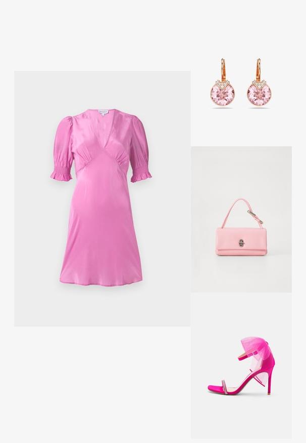 Robe en satin rose avec de courtes manches bouffantes, un décolleté en V et des détails froncés au niveau de la poitrine et des ourlets de manches. Texture lisse et brillante.; Sandale à talons hauts rose vif avec un accent en tulle en mesh, bout ouvert, fine bride de cheville et détails en strass embellis à l'avant.; Sac à main en cuir rose avec une forme rectangulaire structurée, une seule courte poignée et un détail de fermoir en ton argent à l'avant.; Boucles d'oreilles en or rose ornées de grands cristaux roses avec un facettage complexe, agrémentées de petites pierres décoratives transparentes.