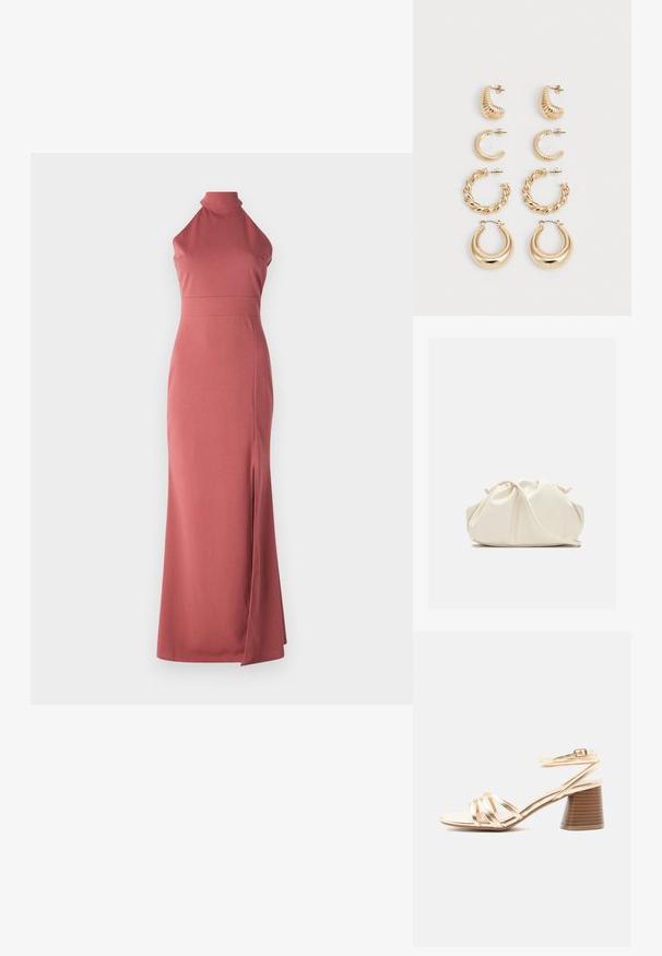 Μακριά φόρεμα σε απόχρωση dusty rose, με λαιμόκοψη halter, στενή εφαρμογή, κατασκευασμένο από απαλό ύφασμα με σκίσιμο στο ύψος του μηρού στην αριστερή πλευρά για επιπλέον λεπτομέρεια σχεδιασμού.; Χρυσό σανδάλι με λουράκια, χοντρό ξύλινο τακούνι και λουράκι αστραγάλου με αγκράφα, σε απλό φωτεινό φόντο.; Μαλακό, κρεμ δερμάτινο τσαντάκι χειρός με σχεδίαση με gathers και λεπτό λουράκι ώμου, τοποθετημένο μπροστά σε απλό φόντο.; Σύνολο πέντε χρυσών σκουλαρικιών, με διάφορα σχέδια: στριμμένα, με ραβδωτές και λείες επιφάνειες σε σχήματα κρίκων και μισοφεγγάρων.