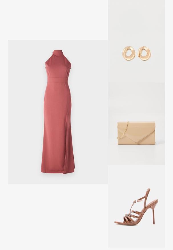 Robe longue rose poudré, col halter, coupe ajustée, réalisée en tissu lisse avec une fente haute sur la cuisse gauche pour une touche de design supplémentaire.; Sandale à talons hauts de couleur camel avec un design à bout ouvert. Présente des fines brides avec des boucles argentées, une texture mate lisse et un talon élancé et courbé.; Pochette en cuir verni beige avec une bandoulière en chaîne dorée, dotée d'un design en forme d'enveloppe et d'une fermeture à rabat pointu. Texture lisse sur toute sa surface.; Paired boucles d'oreilles en métal doré poli de forme irrégulière avec un centre ouvert sur un fond blanc uni.