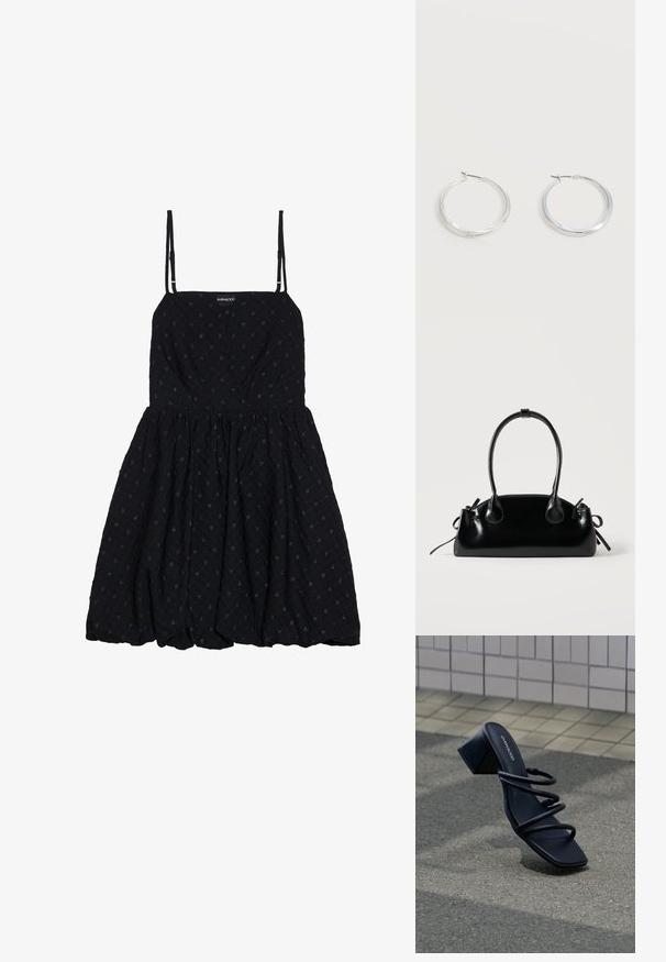 Even&Odd by Zalando Vestido de cóctel - black; Sandalia negra con punta cuadrada, tres tiras finas y tacón grueso sobre pavimento cerca de pared de azulejos.; Pequeño bolso negro brillante con dos asas largas y detalles de cordón lateral sobre un fondo claro liso.; Pendientes de aro de metal plateado con superficie lisa y ligeramente curvada y cierre de tipo mosquetón sobre un fondo blanco liso.