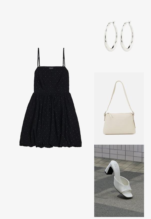 Even&Odd by Zalando Cocktailkjole / festkjole - black; Enkelt hvid åben tå mule med blokhæl står på grå asfalt mod en flisebelagt væg.; Beige skuldertaske lavet af glat læder med lynlås-lukning. Har et enkelt design, slank skulderrem og metalbeslag som detaljer.; Sølvøreringe i form af hoops med en glat, blank finish. Cirkulær form, der har en sikker lås. Simpelt og elegant design.