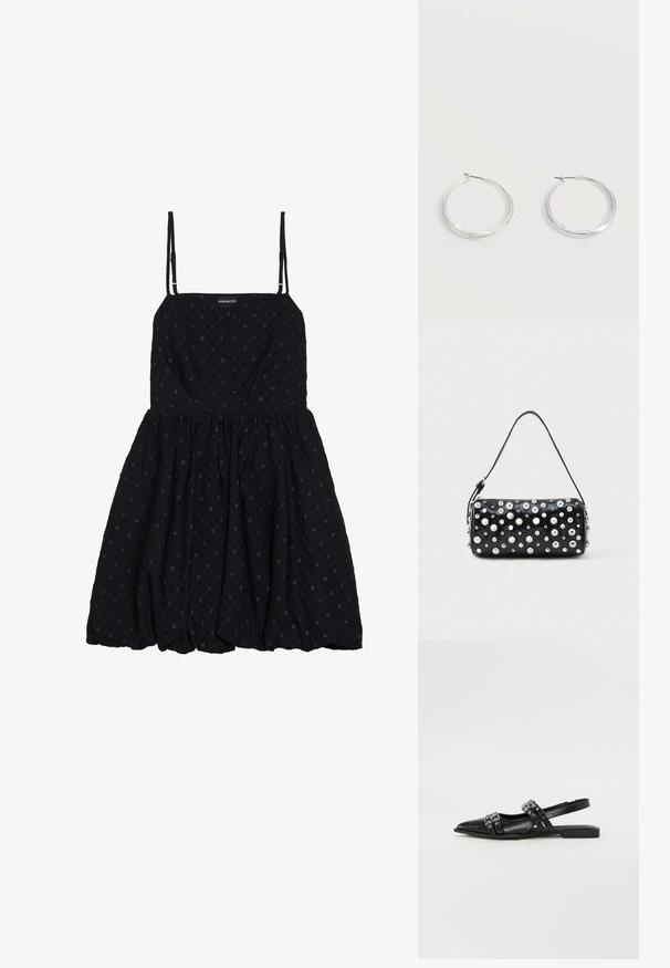 Even&Odd Cocktailkjole / festkjole - black; Even&Odd Slingback-ballerinasko - black; Sort læderhåndtaske med rund form, dekoreret med sølvnitter. Har en aftagelig rem og lynlås. Glat tekstur.; Sølvfarvede metaloorringe med glat, let buet overflade og låsemekanisme på en ensfarvet hvid baggrund.