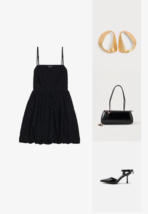Even&Odd by Zalando Cocktailkjole / festkjole - black; Sort laklæder højhælet sko med spids tå og ankrem bundet i en knude bagpå, vist på en ensartet hvid baggrund.; Sort rektangulær håndtaske med to lange stropper, guldringdetalje og lynlåslukning på en ensfarvet lys baggrund.; Par af uregelmæssige, asymmetriske gyldne hoop-øreringe med en glat, mat finish på en neutral baggrund.