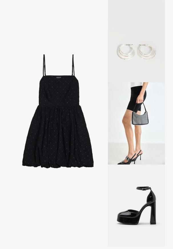 Even&Odd by Zalando Cocktailkjole / festkjole - black; Sorte patentlæder platform hæle med ankelrem, rund tå og blokhæl, der viser en glat, skinnende overflade.; Sort perlehandtaske med en buet silhuet, bærehåndtag og blank overflade. Båret med højhælede sorte sko og tætsiddende sorte shorts.; Sølv hoop øreringe med tre lagdelte halvcirkelformede bånd, hvoraf det ene er udsmykket med små klare krystaller på en lys baggrund.