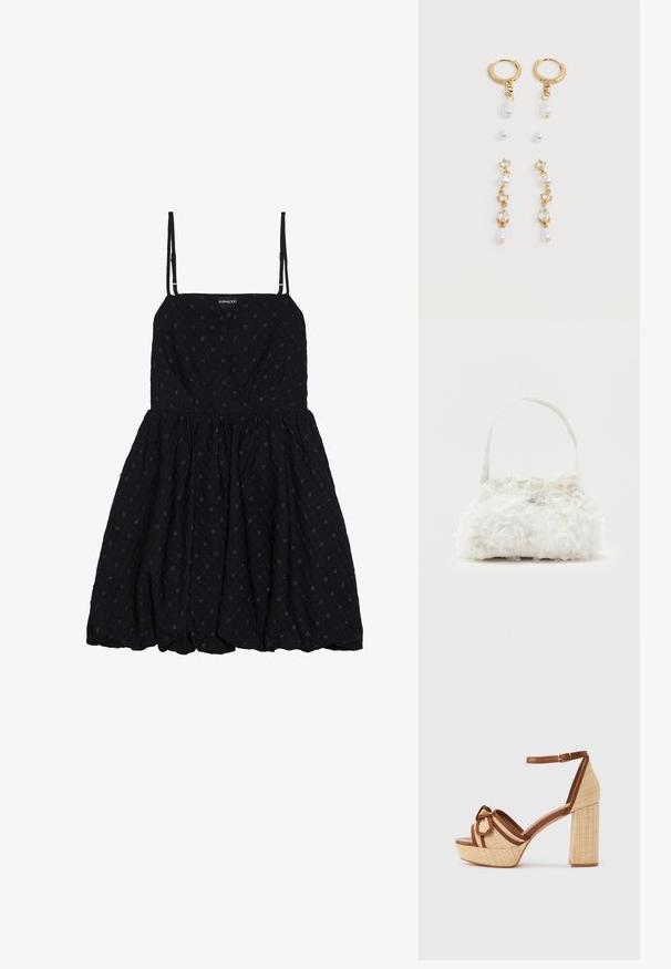 Even&Odd Robe de soirée - black; Sandale à plateforme tissée beige avec talon bloc épais, garniture marron, bride de cheville avec boucle et nœud décoratif sur la bride avant.; Petit sac à main blanc orné de roses en tissu recouvrant le corps et d'une fine anse unique, sur un fond uni.; Boucles d'oreilles créoles en or avec breloques pendantes amovibles ornées de perles et de pierres précieuses claires, disposées sur un fond blanc.