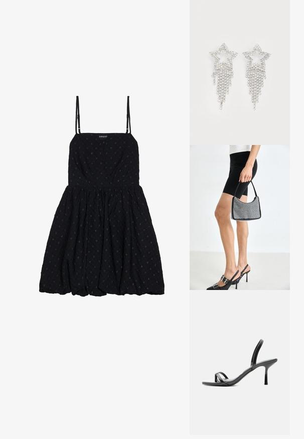 Even&Odd Robe de soirée - black; Sandale noire à talon haut avec fines brides au niveau des orteils et de la cheville, finition brillante et talon aiguille fin.; Sac à main à perles noires avec une silhouette courbée, une poignée de transport et une texture brillante. Porté avec des chaussures à talons hauts noires et un short noir ajusté.; Boucles d'oreilles en strass en forme d'étoile avec des détails de franges en cascade, présentant une teinte argentée et une surface brillante et réfléchissante. Forme d'étoile avec un design complexe.