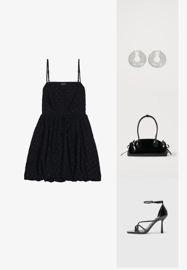 Even&Odd by Zalando Cocktailkjole / festkjole - black; Sorte laklæder højhælede sandal med ankelrem, der har krydskrydsede stropper og en slank spids tå.; Lille sort blank håndtaske med to lange håndtag og snøre-detaljer i siden på en ensfarvet lys baggrund.; Sølvøreringe med flere klare krystaludsmykninger, med en struktureret overflade og et åbent rundt design.