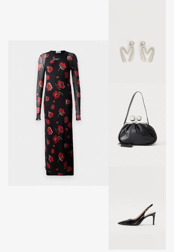 Robe longue noire à manches longues ornée d'un motif floral avec des fleurs rouges. Fabriquée en tissu transparent. Encolure ronde avec une légère évasement aux manches.; Pompe slingback en cuir verni noir avec un bout pointu, un talon fin et un design de découpes subtil. Elle dispose d'une boucle dorée sur la sangle.; Sac à main en cuir noir avec un design plissé, une sangle unique, un cadre métallique argenté et deux grandes fermoirs ronds en argent.; Paire de boucles d'oreilles en métal argenté en forme de lettre M angulaire avec des tiges arrondies sur fond blanc.