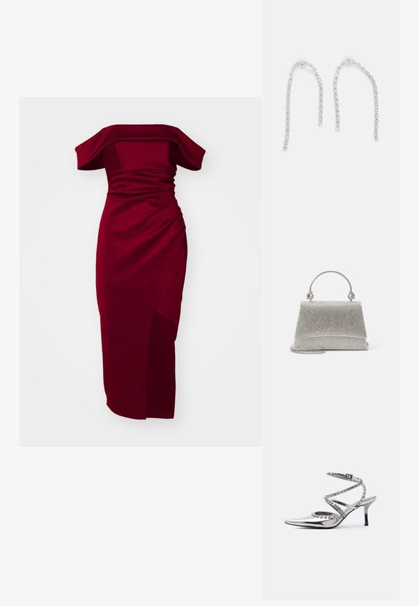 Off-the-shoulder bordeaux jurk met geplooide textuur, aansluitende pasvorm en een zijsplit, gemaakt van een zachte, rekbare stof.; Zilveren pumps met spits toelopende neus, een enkelbandje en decoratieve zilveren bolvormige studs op de bandjes en randen tegen een witte achtergrond.; ALDO FELISIA - Handtas - silver-coloured; Zilveren oorbellen met hangende kettingen, voorzien van meerdere heldere edelstenen die in een lineair patroon zijn gerangschikt, wat een schitterend effect geeft.
