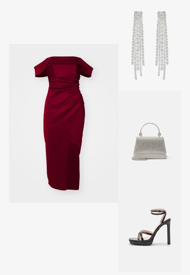 Off-the-shoulder burgunderkjole med samlet struktur, tætsiddende silhuet og sideslids, lavet af et glat, strækbart stof.; RAID DIMONA - Højhælede sandaletter / Højhælede sandaler - black; ALDO FELISIA - Håndtasker - silver-coloured; Lange sølvøreringe med en række klare, facetterede krystaller i kaskadeformede strenge med varierende længder og former.
