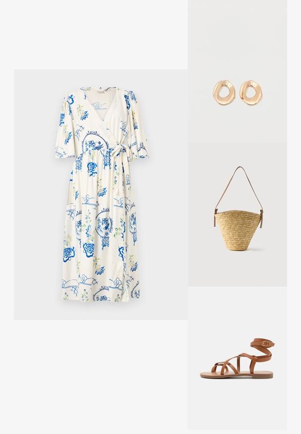 Robe portefeuille en tissu crème clair, ornée de motifs floraux bleus et d'accents verts. Manches bouffantes courtes, détail à nouer à la taille et longueur genou.; Sandale en cuir tanné avec un design à plusieurs sangles, boucle à la cheville et semelle plate. Elle présente une texture lisse et un style minimaliste.; Sac seau en paille tissée avec une base large, un sommet étroit et une bandoulière en cuir marron ajustable.; Paired boucles d'oreilles en métal doré poli de forme irrégulière avec un centre ouvert sur un fond blanc uni.