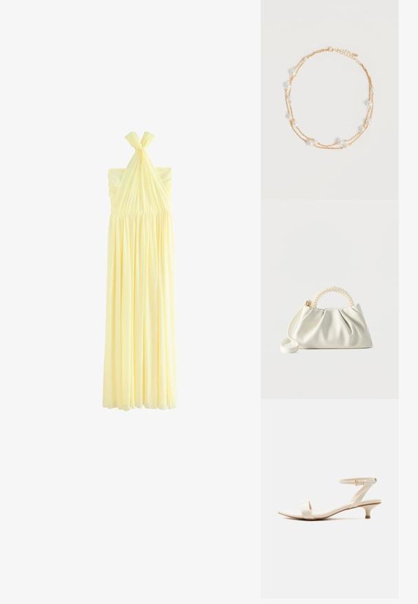 Langes, blassgelbes Neckholder-Kleid mit gerafftem Stoff um die Brust und fließendem plissiertem Rock, auf weißem Hintergrund dargestellt.; Beige Sandale mit niedrigem Absatz, einem einzelnen Zehenriemen und verstellbarem Knöchelriemen mit kleiner goldener Schnalle, vor weißem Hintergrund.; Kleine weiße Handtasche mit gerafftem Körper, rundem Griff, verziert mit Perlen, und abnehmbarem Schulterriemen auf einfarbigem Hintergrund.; Zarte doppellagige goldene Halskette mit gleichmäßig verteilten kleinen weißen Perlen auf schlichtem hellem Hintergrund.