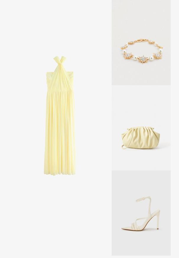 Langes, blassgelbes Neckholder-Kleid mit gerafftem Stoff um die Brust und fließendem plissiertem Rock, auf weißem Hintergrund dargestellt.; Beige Sandaletten mit hohem Absatz und spitzer Schuhspitze, ausgestattet mit drei vorderen Riemen und einem dünnen Knöchelriemen mit Schnalle. Glatte Textur, minimalistisches Design.; Gelbe, gefaltete Handtasche aus glattem Kunstleder mit weicher Form, einzigem Schulterriemen und gerafftem Oberteil.; Armband in Goldoptik mit sternförmigen Verzierungen und runden Perlen, akzentuiert mit klaren Kristallen, detailliertem Verschluss und glatter Oberfläche.