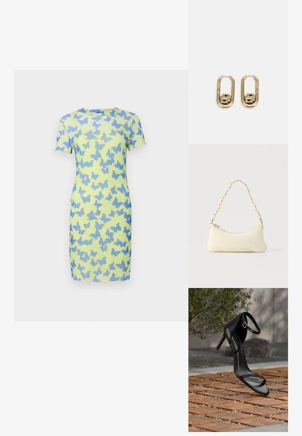 Robe à manches courtes en tissu vert clair, ornée d'un motif de papillons bleu et rose. Texture lisse avec une silhouette ajustée.; Sandale noire à talon haut avec sangle à la cheville, suspendue au-dessus d'un sol en carreaux de bois à l'extérieur, avec un arrière-plan flou de verdure et de pierre.; Petit sac à main couleur crème avec une forme incurvée et une poignée en chaîne torsadée ton or, fermeture éclair sur le dessus; BOSS DOUBLE B SWING - Boucles d'oreilles - gold-coloured