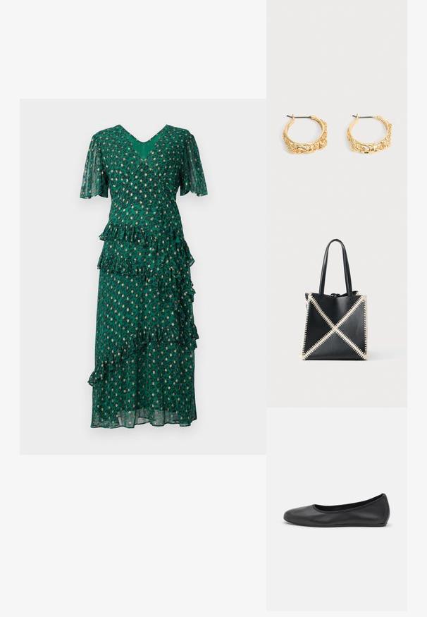 Vestido verde con manchas de leopardo, volantes en capas en la cintura y el dobladillo, mangas cortas en forma de campana y un escote en V profundo. Tejido ligero y traslúcido.; Bailarina de piel negra con punta redondeada, textura suave, detalle de costura minimalista y diseño de suela flexible.; Bolso tote de cuero negro con costuras crema formando un patrón de X. Presenta dos asas negras y una forma desestructurada.; Par de pendientes de aro en tono dorado con grabados ornamentales de flores y hojas sobre un fondo neutro.
