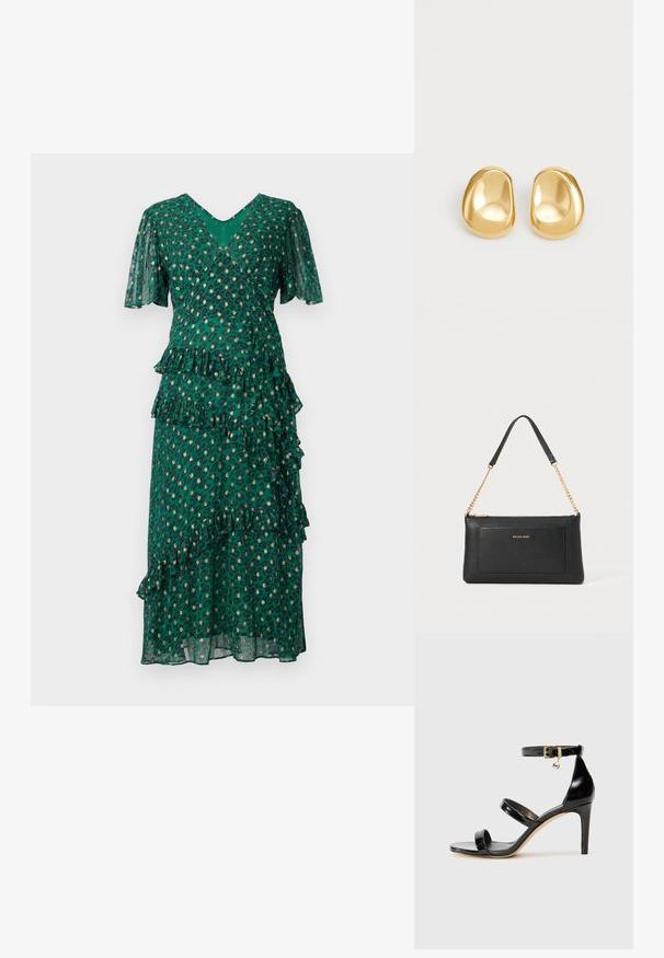 Vestido verde con manchas de leopardo, volantes en capas en la cintura y el dobladillo, mangas cortas en forma de campana y un escote en V profundo. Tejido ligero y traslúcido.; Sandalia de charol negro con tres correas, hebilla en el tobillo y tacón de aguja de 10 cm. Presenta detalles de hardware en oro y un charm con el logo.; Clutch de cuero negro con textura de guijarro, correa de cadena dorada y un bolsillo frontal. Presenta un logo dorado en la parte delantera.; Pendientes de studs en color dorado con una forma suave y redondeada y una superficie reflectante, que exhiben un diseño minimalista y sin patrones visibles.