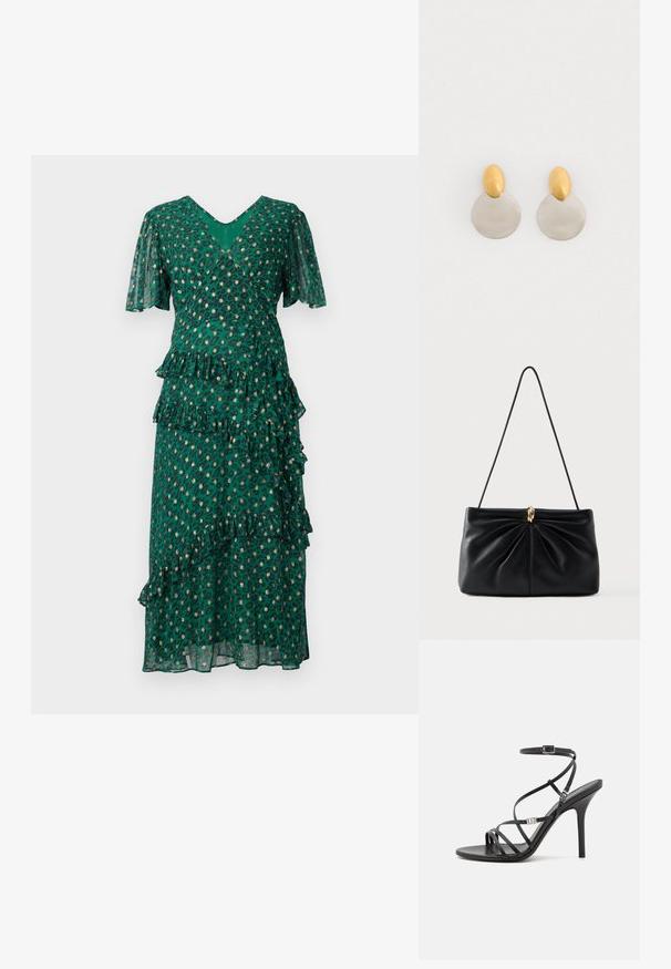 Groene jurk met luipaardvlekken, gelaagde ruffles bij de taille en zoom, korte klokmouwen en een diepe V-hals. Lichte, transparante stof.; Zwarte hoge hakken sandaal met dunne banden, een enkelgesp, een gladleren oppervlak en een slanke stilettohak.; Zwarte leren handtas met een gedraaide ontwerp aan de voorkant, een enkele band en een gouden metalen accent in het midden. Glad oppervlak.; Gouden en zilveren metalen oorbellen met een ronde schijfbasis en een ovale bovenstuk, gladde textuur en gepolijste afwerking.