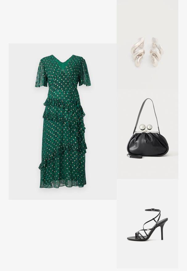 Robe verte avec des taches de léopard, volants superposés à la taille et à l'ourlet, manches courtes en forme de cloche, et un décolleté en V profond. Tissu léger et transparent.; Sandale noire à talons hauts avec des brides fines, une boucle à la cheville, une surface en cuir lisse et un talon aiguille élancé.; Sac à main en cuir noir avec un design plissé, une sangle unique, un cadre métallique argenté et deux grandes fermoirs ronds en argent.; Boucles d'oreilles clips en métal argenté torsadé avec une finition lisse et brillante, présentant un design moderne et abstrait en spirale.