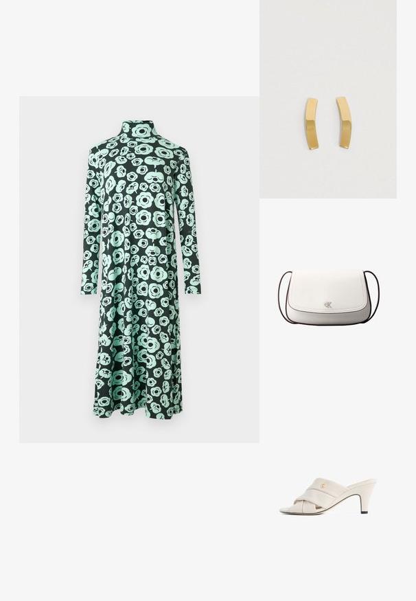 Langærmet kjole med høj hals og udvidet skødesøm, der har en sort base og et lyst turkis abstrakt blomsterprint.; Beige højhælede mules med et snoet læderstropdesign, åben tå og præget logoaccent. Hælen har en sort spidsdetalje.; Hvid skuldertaske med klaplukning, lille sølv "cK" logo i midten og tynd, justerbar, mørkebrun rem.; Guldtonede metaløreringe med et bøjet, langstrakt design. Overfladen er glat og poleret med en minimalistisk stil.