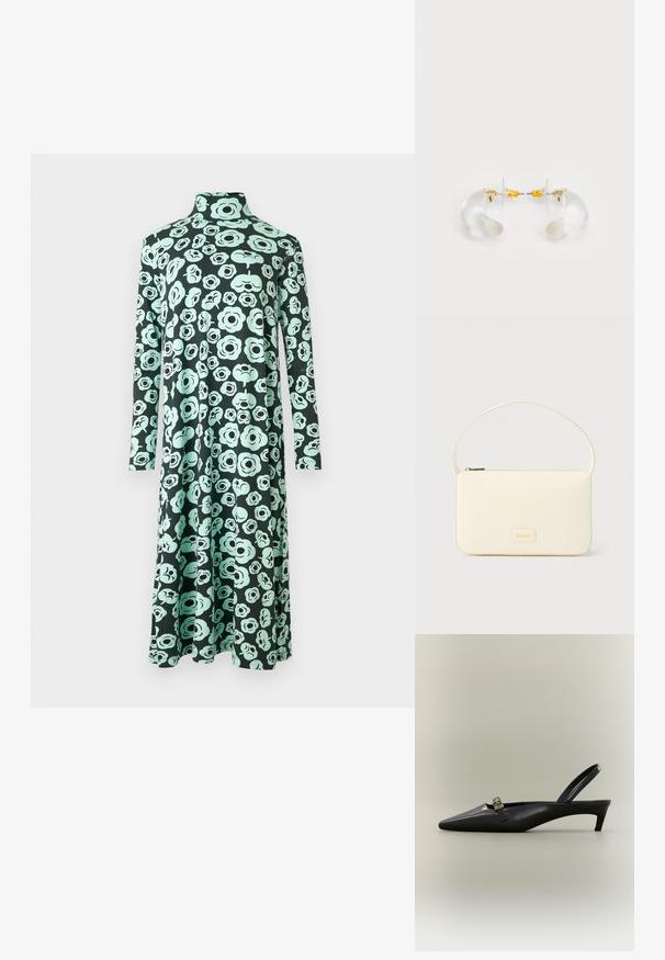 Langærmet kjole med høj hals og udvidet skødesøm, der har en sort base og et lyst turkis abstrakt blomsterprint.; Sort læder slingback med kitten heel, spids tå og lille guldfarvet spænde på en ensfarvet baggrund.; Kremfarvet rektangulær håndtaske med en enkelt rem og lynlås øverst, med en lille præget logo-plakette foran.; Klare akryl hoops øreringe med guld accenter, der har et buet design og en transparent lås. Glat tekstur, minimalistisk stil.