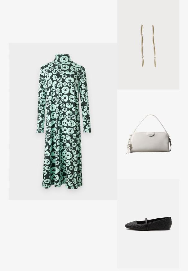Vestido de manga larga y cuello alto con dobladillo acampanado, que presenta una base negra y un patrón abstracto de flores en tonos azul verdoso claro.; Zapato plano negro con punta redondeada, patrón geométrico en relieve y una sola tira fina en la parte superior, mostrado en perfil lateral.; Bolso rectangular blanco de Calvin Klein con un solo asa, diseño minimalista y borlas decorativas con un charm metálico geométrico en el lateral.; Pendientes largos de oro compuestos por cuatro barras curvadas enlazadas y alargadas sobre un fondo blanco.