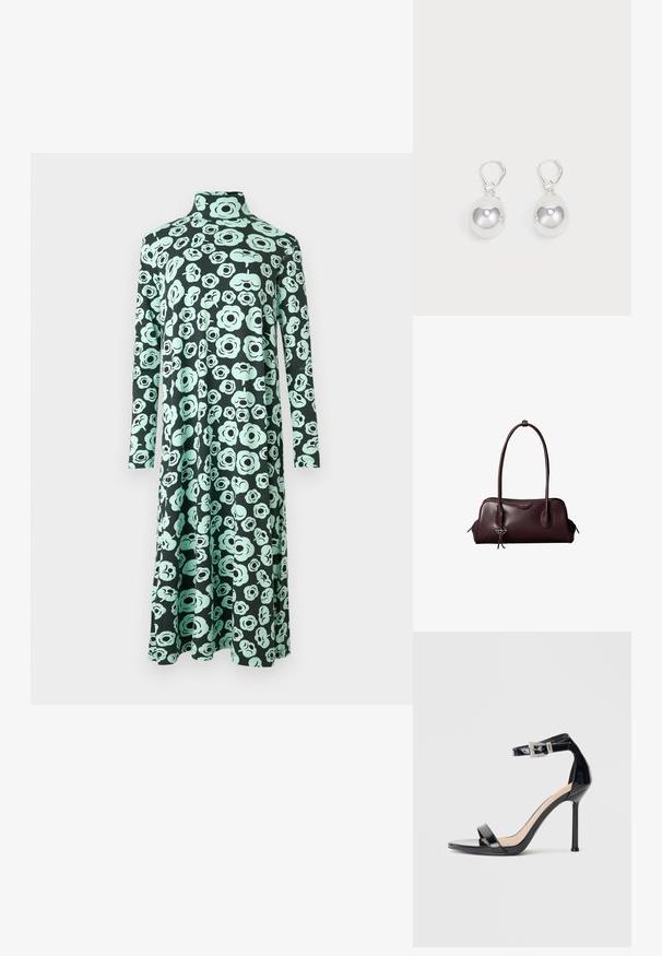 Langærmet kjole med høj hals og udvidet skødesøm, der har en sort base og et lyst turkis abstrakt blomsterprint.; Sort højhælet sandal i laklæder med ankelrem. Har minimalistisk design, åben tå og spænde med rhinsten-detaljer.; Mørkebrun lædertaske fra Calvin Klein med lange dobbelte håndtag og en lille logohængende ved det ene håndtag.; Sølv dråbeøreringe med glatte, runde, reflekterende overflader hængende fra svingelukkede låse. Baggrunden er helt hvid.