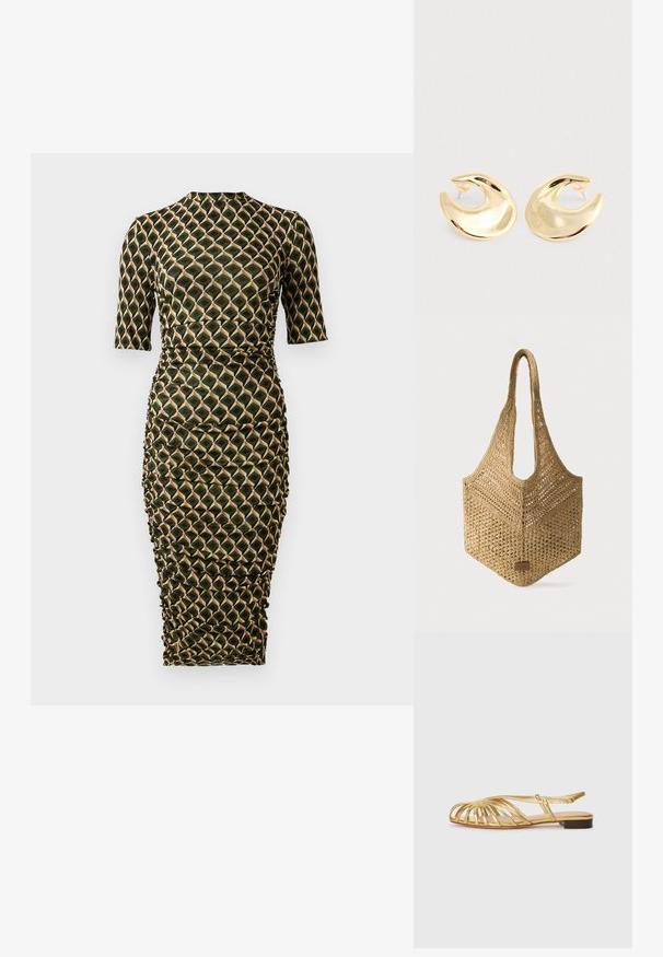 Tætsiddende knælang kjole med trekvartærmer, høj halsudskæring, draperede sider og grøn, sort og beige geometrisk diamantmønster.; Guldmetallisk flad sandal med åbent tådesign, der har krydssnøringer og en lav hæl. Glat tekstur og minimalistiske detaljer.; Vævet beige mulepose med lange håndtag, åbenvævet mønster og en lille rektangulær læderlabel nederst foran.; Et par skinnende guld halvmåneformede studøreringe med klare plastikbagstykker på en lys grå overflade.