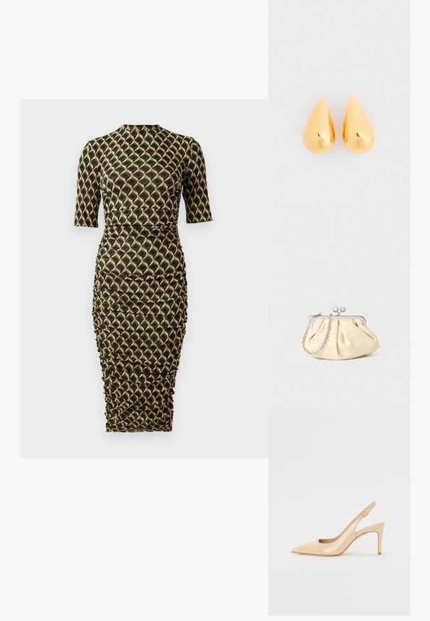 Figurbetontes knielanges Kleid mit Dreiviertelärmeln, hohem Halsauschnitt, gerafften Seiten und einem geometrischen Diamantenmuster in Grün, Schwarz und Beige.; Nude patentleder Slingback-Absatzschuh mit spitzer Zehenpartie, offenem Vorderblatt und dünnem Stiletto-Absatz. Verfügt über ein kreisförmiges goldfarbenes Akzent auf dem Riemen.; Faltige beigefarbene Ledertasche mit einem silbernen Metallrahmen, ausgestattet mit zwei runden dekorativen Verschlüssen und einem silbernen Kettenriemen.; Goldene Tropfenohrringe mit einer glatten, polierten Oberfläche und gerundeten Unterseiten, die das Licht mit einem glänzenden Finish reflektieren.