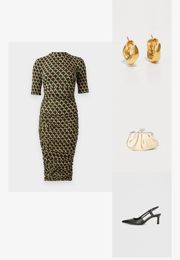 Tætsiddende knælang kjole med trekvartærmer, høj halsudskæring, draperede sider og grøn, sort og beige geometrisk diamantmønster.; Sort læder slingback-sko med spids tå, der har en blank accent på tåhætten og en mellemhøj hæl. Åben sidesektion.; Plisseret beige læderclutch med en sølvmetalramme, der har to runde dekorative låse og en sølvkædetrasporte.; Chunky guld hoop øreringe med et let snoet, rørformet design og postsystem bagpå, på en hvid baggrund.