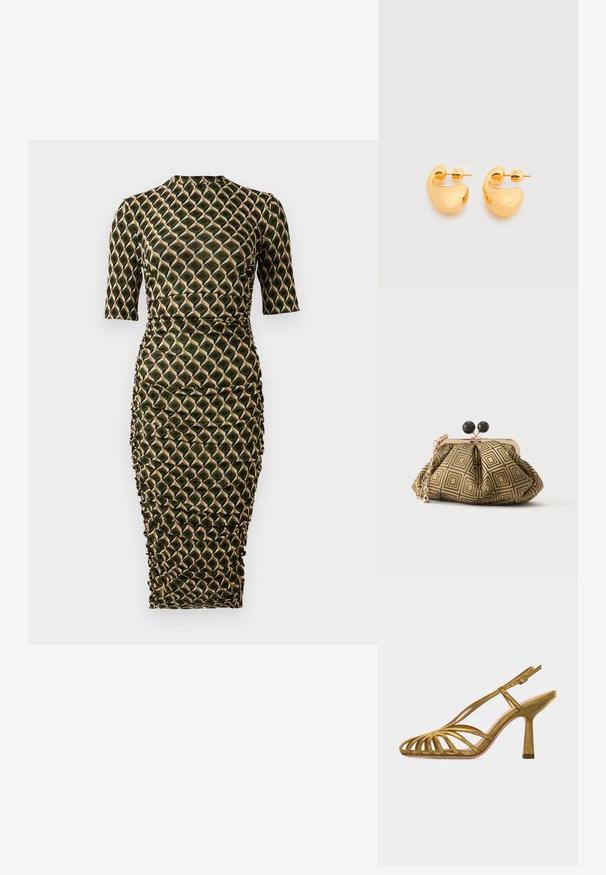 Figurbetontes knielanges Kleid mit Dreiviertelärmeln, hohem Halsauschnitt, gerafften Seiten und einem geometrischen Diamantenmuster in Grün, Schwarz und Beige.; Goldfarbene Riemchen-Sandale mit hohem Absatz, offenem Zehenbereich, verstellbarem Knöchelriemen und mittelhohem, konischem Absatz, seitlich auf weißem Hintergrund gezeigt.; Kleine Clutch mit goldenem und schwarzem geometrischem Muster, goldfarbenem Metallrahmen, schwarzem Kugelverschluss und kurzem goldfarbenem Kettenriemen.; Paar kleine, klobige Ohrstecker in Goldton mit glatten, geschwungenen, abstrakten Formen vor hellem Hintergrund.